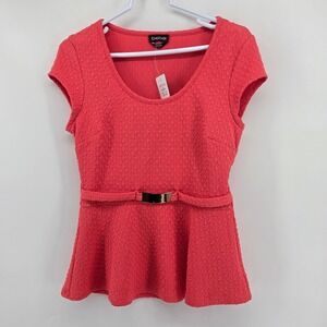 Bebe Trina Texture Peplum Top Size M Gold Buckle Back Cutout Coral Pink NWT